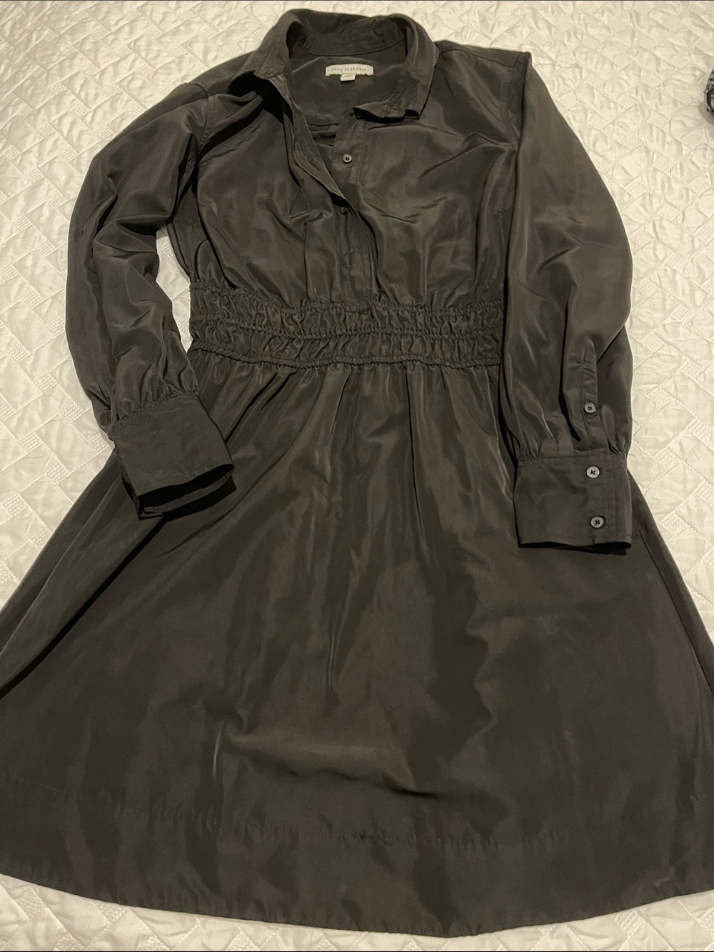 Smocked-Waist Long Sleeve Shirt Dress in Black